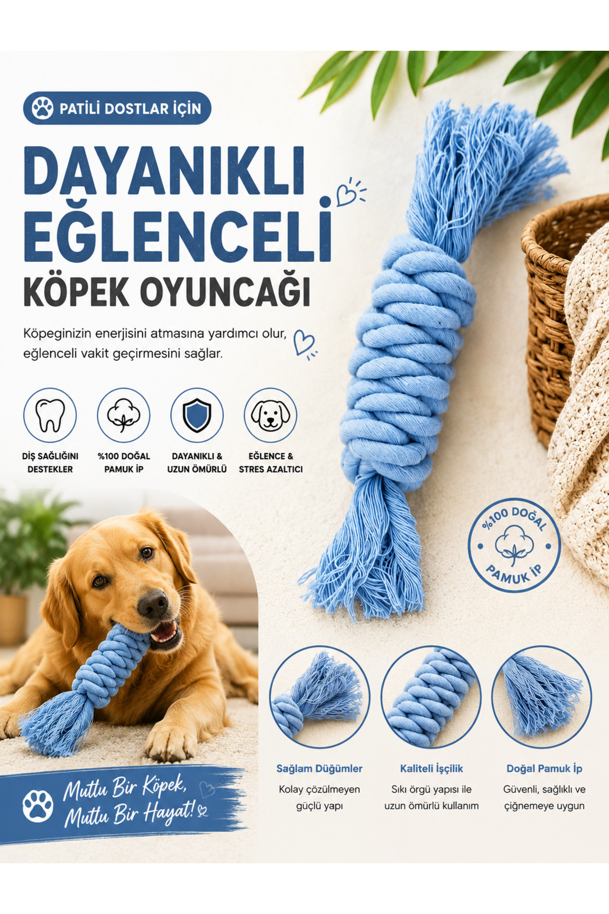 PAMUK BURGU DİŞ STRES İPİ MAVİ ürün görseli